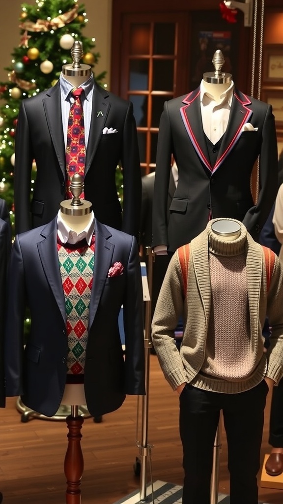 Stylish Christmas Outfit Ideas for Men Stylish Christmas outfits for men displayed with festive decorations.